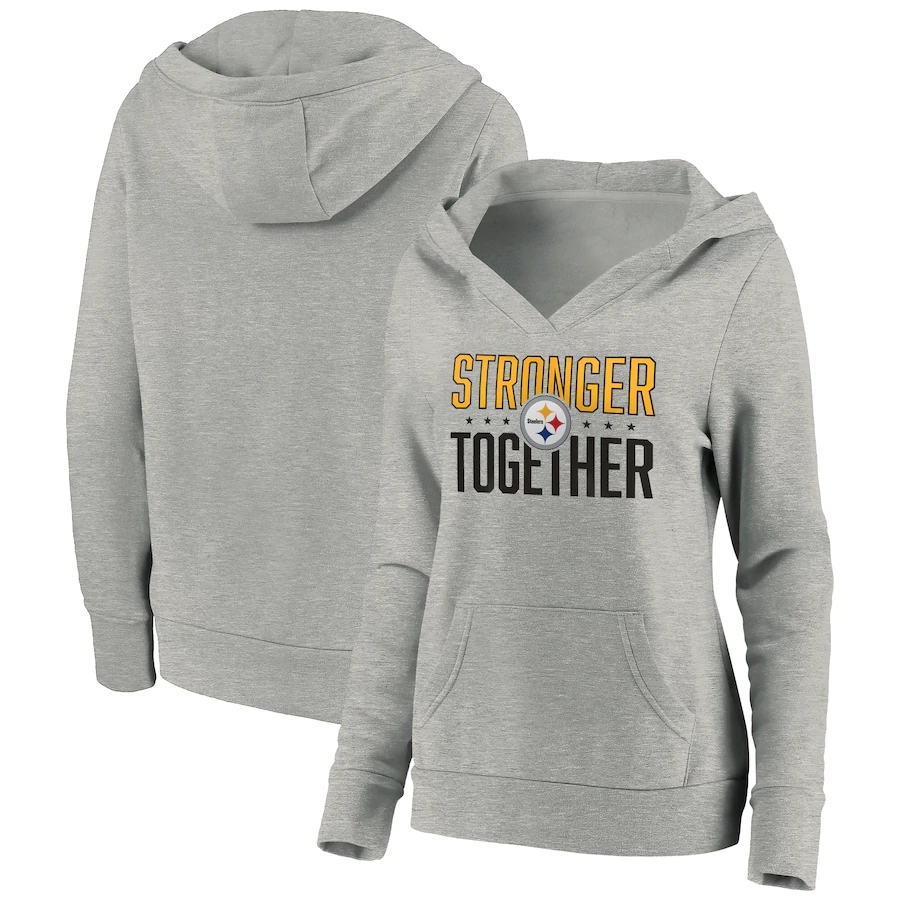 Women's Pittsburgh Steelers Heather Gray Stronger Together Crossover Neck Pullover Hoodie(Run Small)